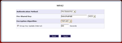 The Verizon FiOS WPA2 security settings screen.