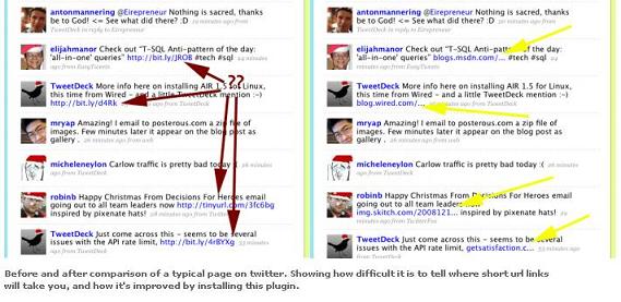 A side by side comparison of a typical string of tweets (short urls included) and what they look like after being expanded