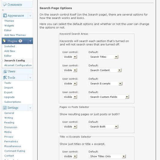 The Jsearch control panel in the WordPress dashboard