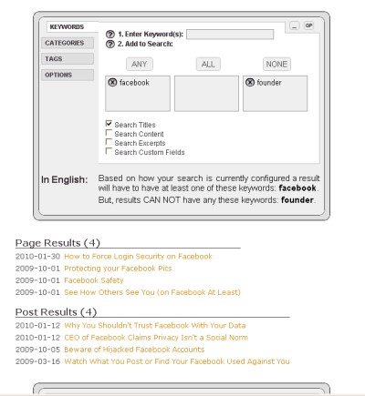 Searching titles containing FACEBOOK, but not FOUNDER